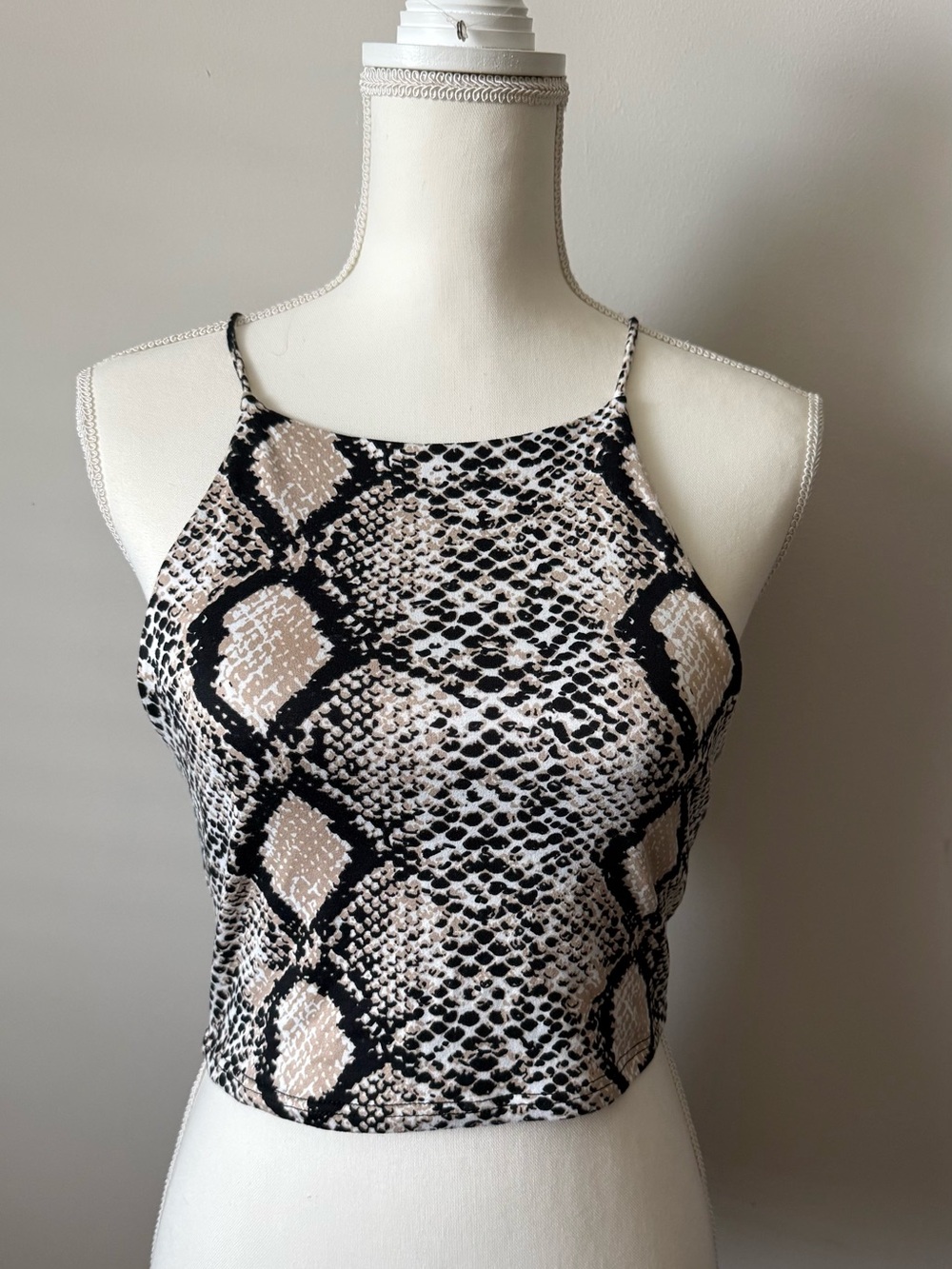 Peach Love California Snake-Print Halter Crop Top in Black & Cream